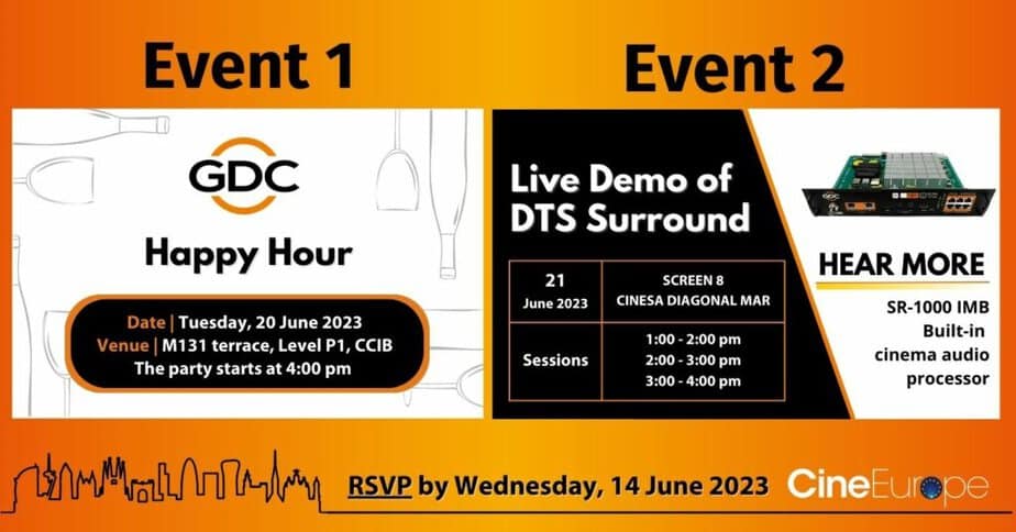 RSVP for happy hour and DTS Surround live demo events 🍿🍻