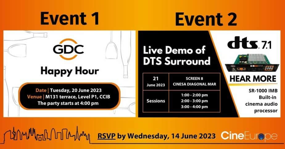 Action! RSVP for Happy Hour and DTS Surround Live Demo Events 🍿🍻